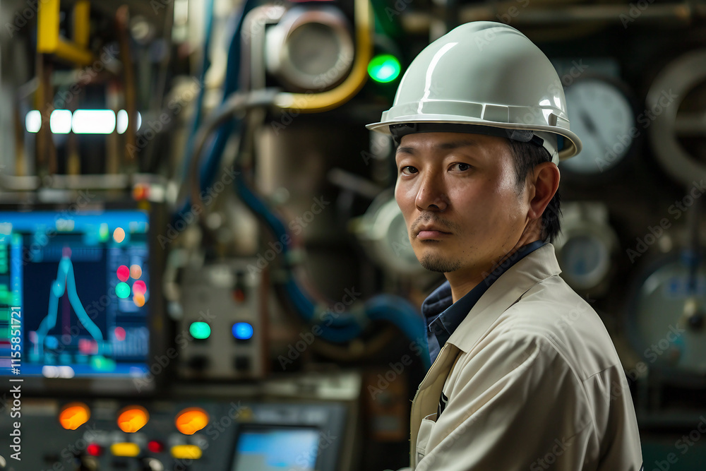 Engineer overseeing a nuclear reactor turbine in industrial setting generative AI image Engineer overseeing a nuclear reactor turbine in industrial setting generative AI image