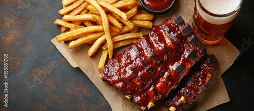 Grilled Barbecue Pork Ribs with Crispy French Fries and a Glass of Cold Beer on a Rustic Table with Empty Copyspace for Text photo