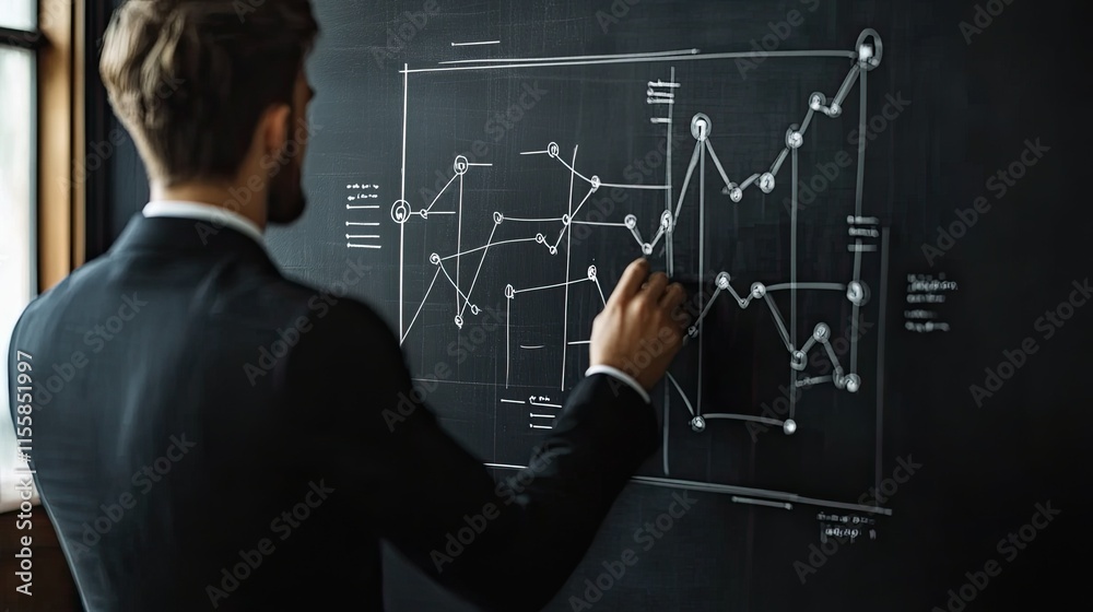 A businessman planning new ideas with a chalkboard diagram of strategies A businessman planning new ideas with a chalkboard diagram of strategies