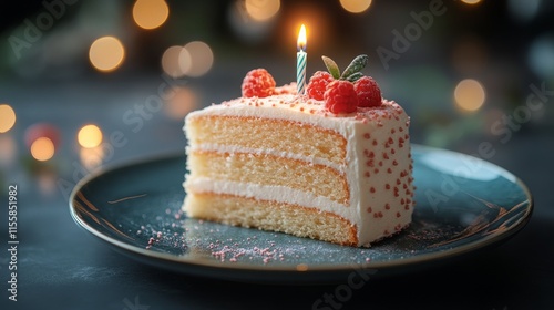 Layered cake slice with candle and raspberries for a celebration at a cozy se...