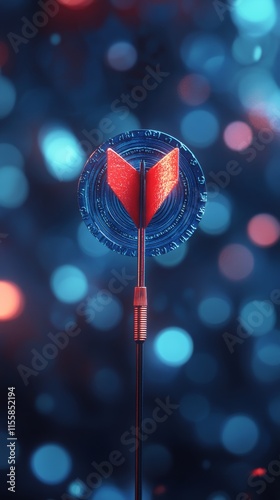 Dart hitting the bullseye on a blue dartboard at a local game room