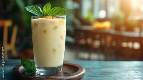Refreshing mango smoothie in glass with mint on wooden table in cozy cafe