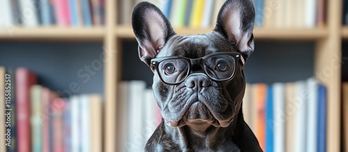 Stylish Black French Bulldog with Glasses Posing in Front of Bookshelf with Ample Copyspace for Creative Text and Design Integration photo