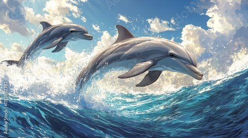 Dolphins performing acrobatics in the ocean under a bright blue sky with fluf...
