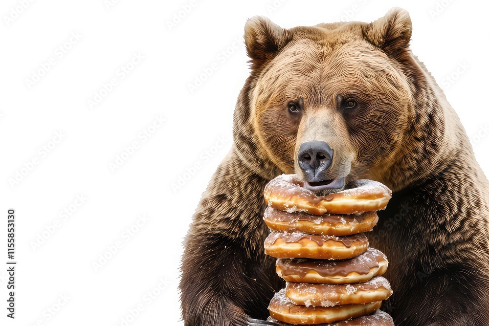 Fototapeta premium A cute bear eating a stack of donuts white background