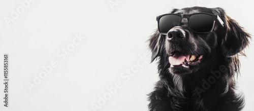 Black dog wearing sunglasses isolated on white background perfect for text placement and promotional content or advertising material photo