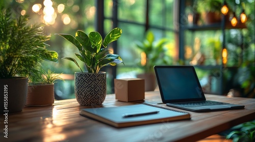 Notebook and pen on desk with plants in bright workspace during daytime