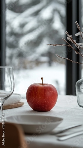 Young woman holding an apple, gazing out of a window during the late afternoo...