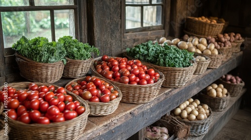 Freshly harvested vegetables displayed in rustic baskets in a cozy farm shop ...