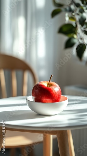 Young woman holding an apple, gazing out of a window during the late afternoo...