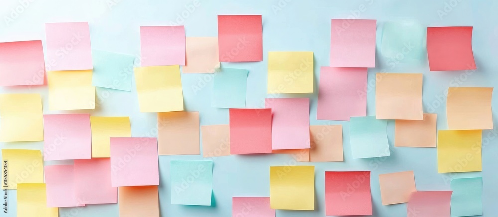 Colorful sticky notes on a blue background creating a collaborative atmosphere for business strategy planning and creative brainstorming sessions Colorful sticky notes on a blue background creating a collaborative atmosphere for business strategy planning and creative brainstorming sessions