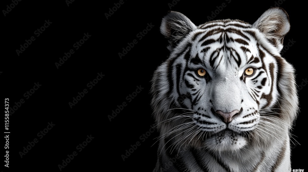 Fototapeta premium Majestic Close-Up of a White Tiger Against a Black Background with Space for Text or Graphics