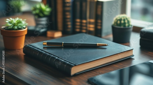 Notebook and pen on desk with plants in bright workspace during daytime