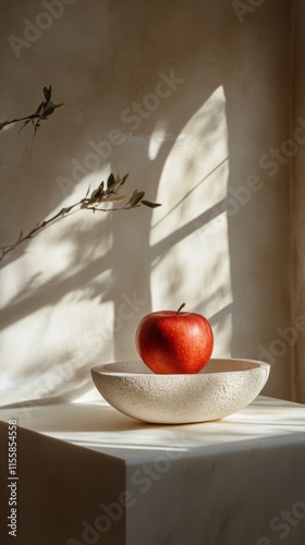 Young woman holding an apple, gazing out of a window during the late afternoo...