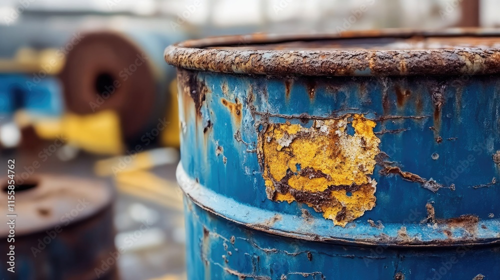 Close up of a weathered blue industrial barrel with yellow rust patch and textured surface against blurred background for copy space Close up of a weathered blue industrial barrel with yellow rust patch and textured surface against blurred background for copy space