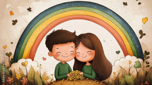 Children sharing joy under a vibrant rainbow with a treasure of gold coins in...