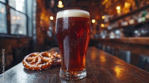 Enjoying a refreshing craft beer with a pretzel in a cozy bar setting