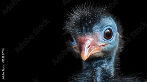 Close up of a cassowary chick with striking blue features and empty space for text against a black background photo