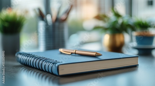 Notebook and pen on desk with plants in bright workspace during daytime