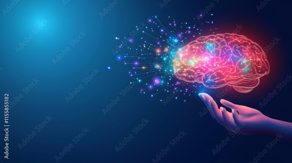 AI, an electronic brain, depicted as a neon silhouette of a human head with stock hanging over a palm hand. This represents a cybernetic artificial neural network, symbolizing an electronic mind. It AI, an electronic brain, depicted as a neon silhouette of a human head with stock hanging over a palm hand. This represents a cybernetic artificial neural network, symbolizing an electronic mind. It