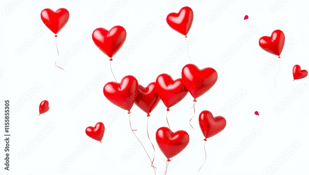 Red heart shaped balloons floating on white background Red heart shaped balloons floating on white background