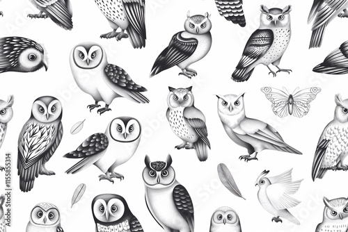 A seamless pattern of hand-drawn black and white owl illustrations, featuring various owl species in different poses, set against a white background with detailed sketch-like designs.