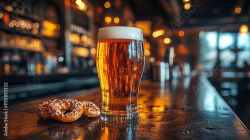 Refreshing beer served with pretzels in a cozy bar setting