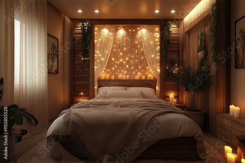 Cozy bedroom with warm lighting and soft textures creating a serene atmosphere