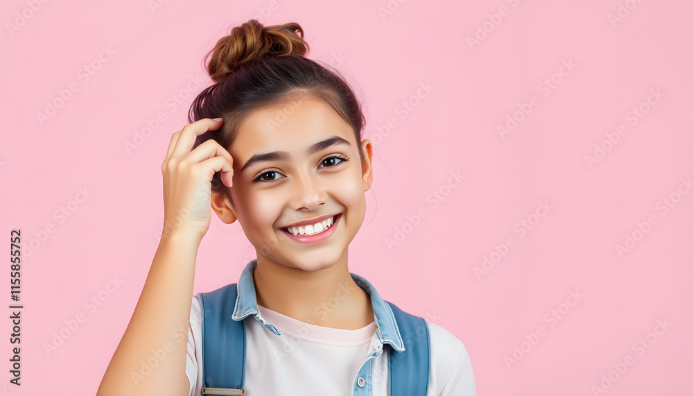 Portrait photo of youth happy smiling model teenager girl touching her curly hair making a bun isolated on pink color background, photo. isolated with white shades Portrait photo of youth happy smiling model teenager girl touching her curly hair making a bun isolated on pink color background, photo. isolated with white shades