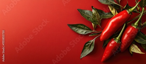 Close up of ripe red chili peppers with vibrant green leaves on a smooth red background ideal for food or ingredient related graphics photo