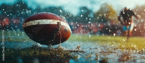 Rugby ball splashing in rain with blurred players and spectators in background highlighting dynamic energy and excitement of the game photo