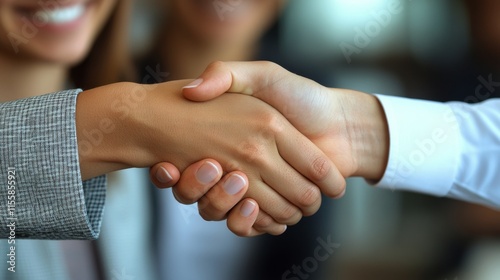 Professional handshake between adults and smiling young girls at a business m...