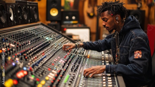 Music producer adjusting vintage soundboard in recording studio during late n...
