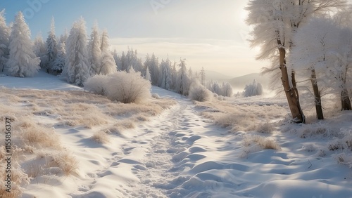 ): A snow-covered path leads through a quiet, untouched fore