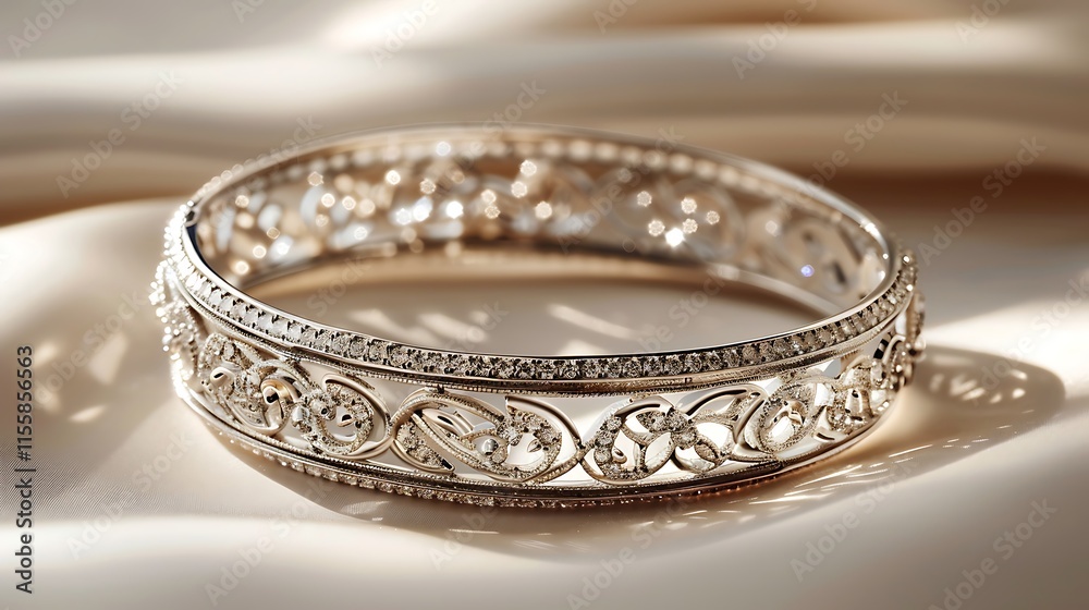 A finely crafted diamond bangle with an openwork design, showcased on a matte ivory background.