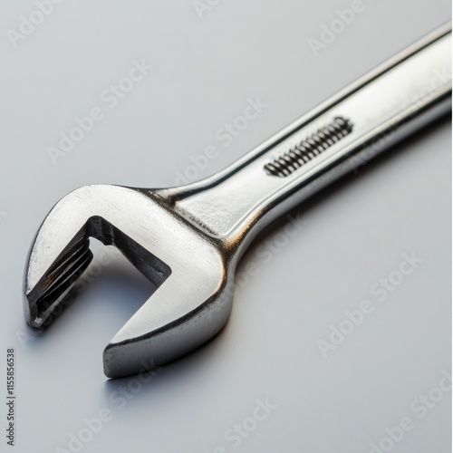 Close-up of a shiny adjustable wrench on a white background. photo