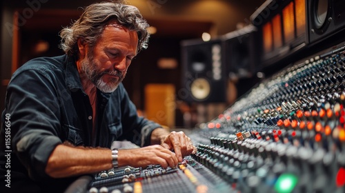 Music producer adjusting vintage soundboard in recording studio during late n...