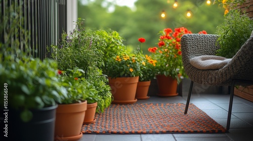 Colorful potted herbs lined against a vibrant yellow wall in a garden display