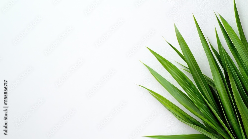 Fototapeta premium Fresh lemongrass leaves arranged on a white background with ample space for text and design elements in an elegant composition