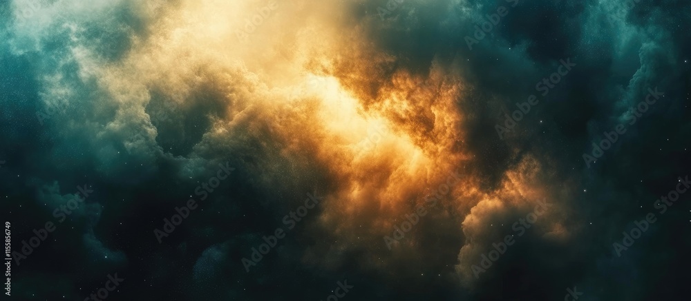 Fototapeta premium Dreamlike cosmic clouds illuminating a starry sky, creating an ethereal atmosphere with space for text and creative design elements.