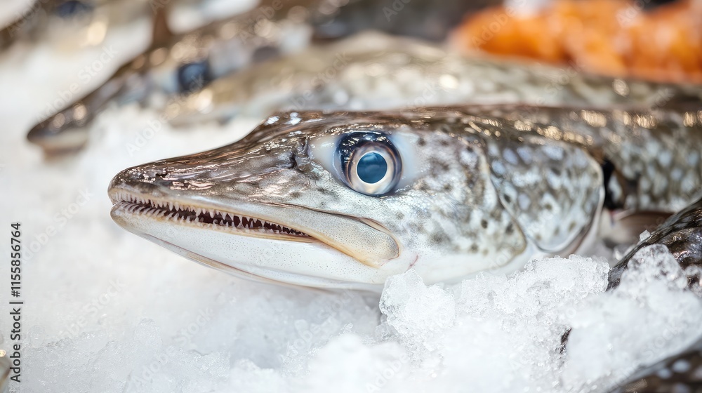 Close up of fresh mojarra fish on ice at a market with blank space for text promotional use or culinary advertisements. Close up of fresh mojarra fish on ice at a market with blank space for text promotional use or culinary advertisements.