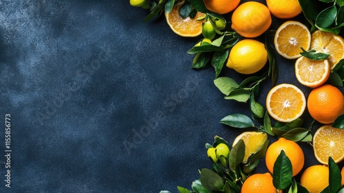 Fresh citrus fruits with vibrant lemons and oranges arranged on a dark background featuring lush green leaves and empty space for text.