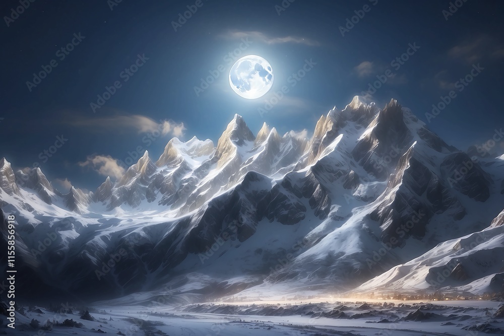 A snowy mountain peak rises above a valley, its white slopes glowing under the full moon A snowy mountain peak rises above a valley, its white slopes glowing under the full moon