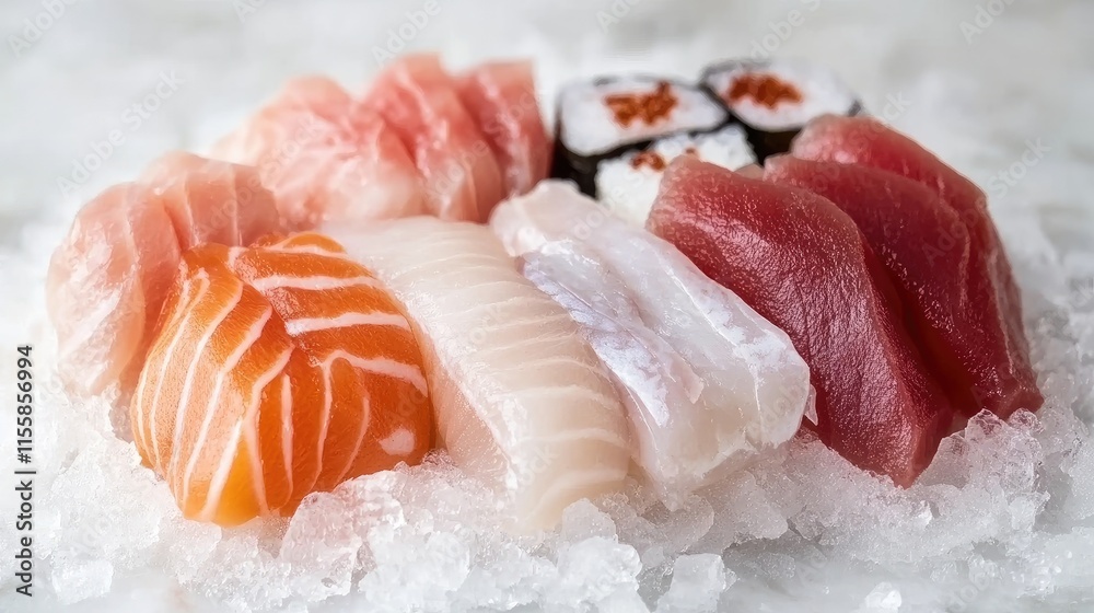 Fresh raw sushi and sashimi platter arranged on ice with ample space for text showcasing vibrant seafood colors and textures Fresh raw sushi and sashimi platter arranged on ice with ample space for text showcasing vibrant seafood colors and textures