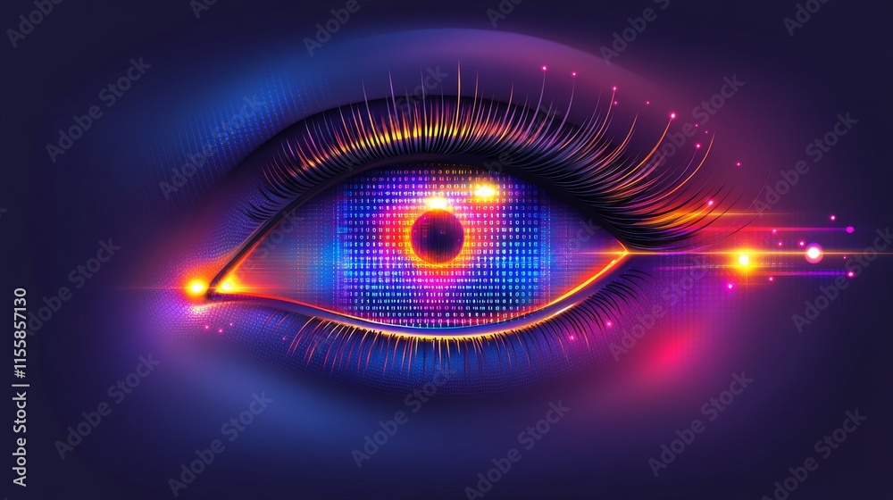 Human multicolored iris animation concept with rainbow lines scattering from a bright binary circle to form a volumetric iris and pupil. 3D rendering background, 4K