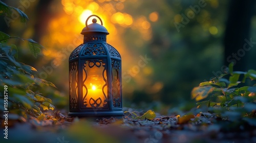 Mosaic lantern glowing warmly in a garden during twilight