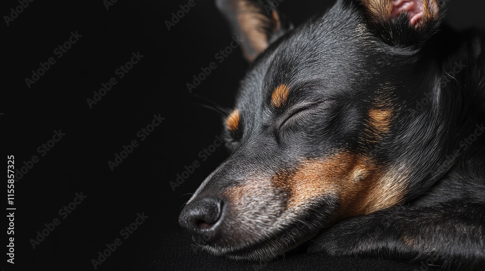 Close up portrait of a peaceful black and tan dog sleeping on a dark background with room for text overlay Close up portrait of a peaceful black and tan dog sleeping on a dark background with room for text overlay