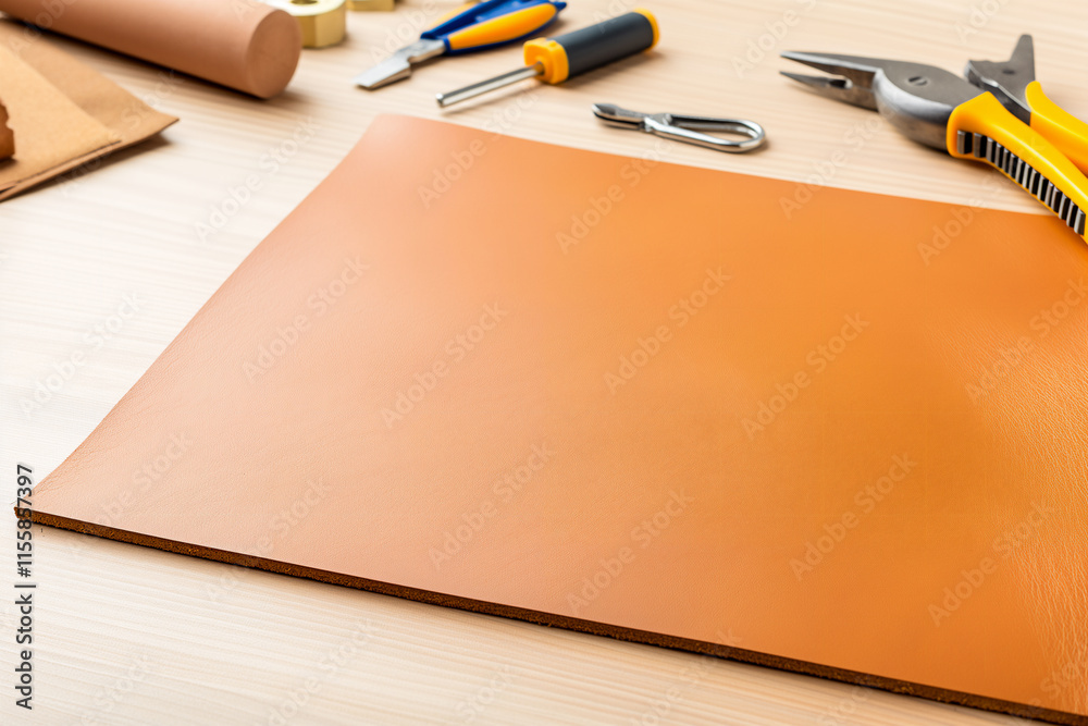 An orange vinyl sheet spread on a workbench with scattered tools like pliers, screwdrivers, and cutting knives, representing a creative workspace for crafting and design projects. Copy space An orange vinyl sheet spread on a workbench with scattered tools like pliers, screwdrivers, and cutting knives, representing a creative workspace for crafting and design projects. Copy space
