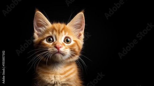 Close up portrait of a curious orange kitten with expressive eyes against a dark background ideal for adding personalized text messages