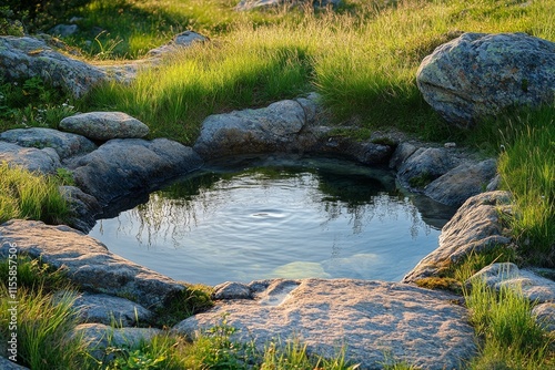 Natural spring water pond surrounded by grass and stones in a serene landscape